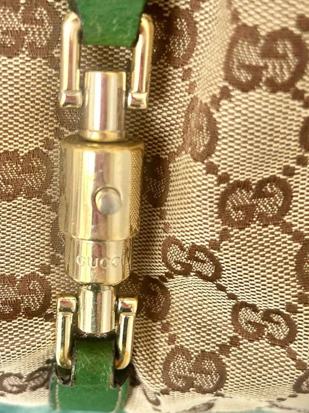 Gucci Jackie Bardot GG Hobo Shoulder
Bag - Green Leather Trim - Gold Hardware - Picture 9 of 16